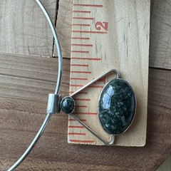 Vintage Pendant Collar Necklace 15.7 Inch Mottled Green Jade 925 Sterling 22.1g