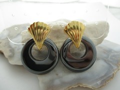Vtg Black Hematite Hoop Stone Gold tone Door Knocker Earrings Interchangeable