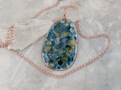 Vintage Enamel on Copper Turquoise Pendant Necklace, Mid Century Modern, 2.5″