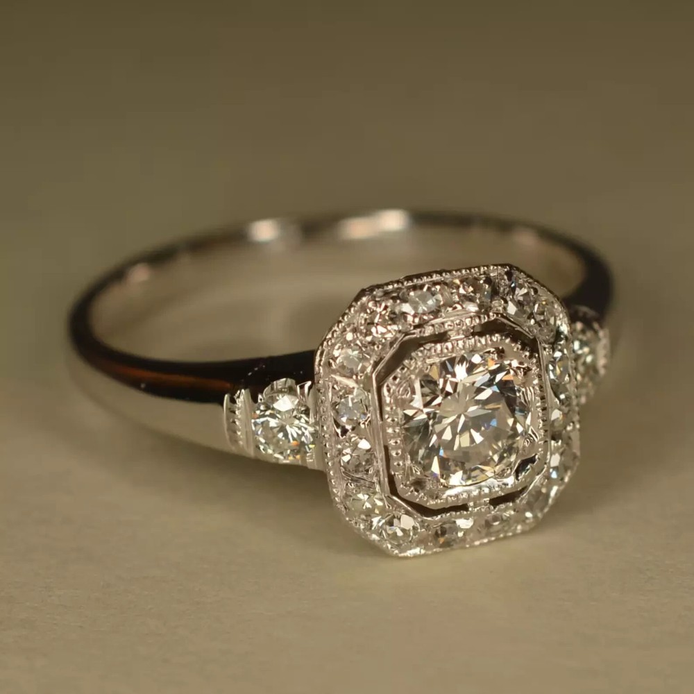 Art Deco Vintage 2Ct Round Lab Created Diamond 14K White Gold FN Engagement Ring