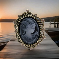 Vintage Victorian Style Cameo Brooch Pin Petite Black & Gray Rhinestone New
