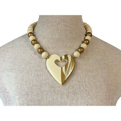 Gold Heart Statement Necklace, Cream Bead Chunky Jewelry, Gift for Her