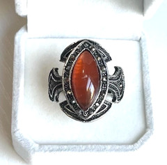 Vintage Carnelian & Marcasite Cross-Shaped Statement Ring Size Adjustable