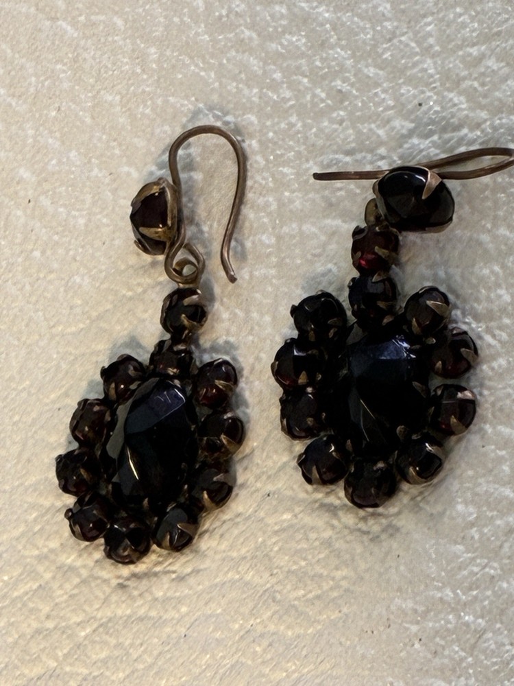 Antique Bohemian Czech Garnet Glass Rhinestone Drop Earrings