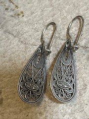 44. Vintage DGS 925 Sterling Pearl Filigree Teardrop Hook Earrings 40mm, 6.4g