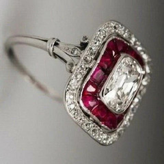 Art Deco Style Lab Created Diamond & Ruby Engagement 14K White Gold Finish Ring