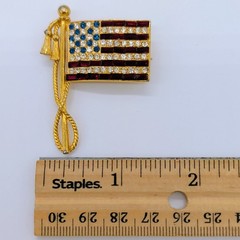 Vintage American Flag Brooch Pin 4th Of July Rhinestone USA Gold Tassel