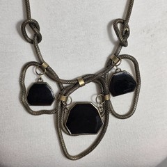Brass-Tone Statement Necklace Thick Mesh Chain Geometric Rein Black Pendants