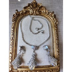 Artisan Vintage Silver Crystal Tassel Necklace with Drop Earrings