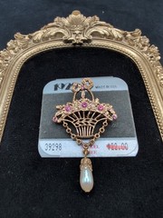 NEW 1928 Nickel Free Basket Brooch With Pink Rhinestones And Faux Pearl