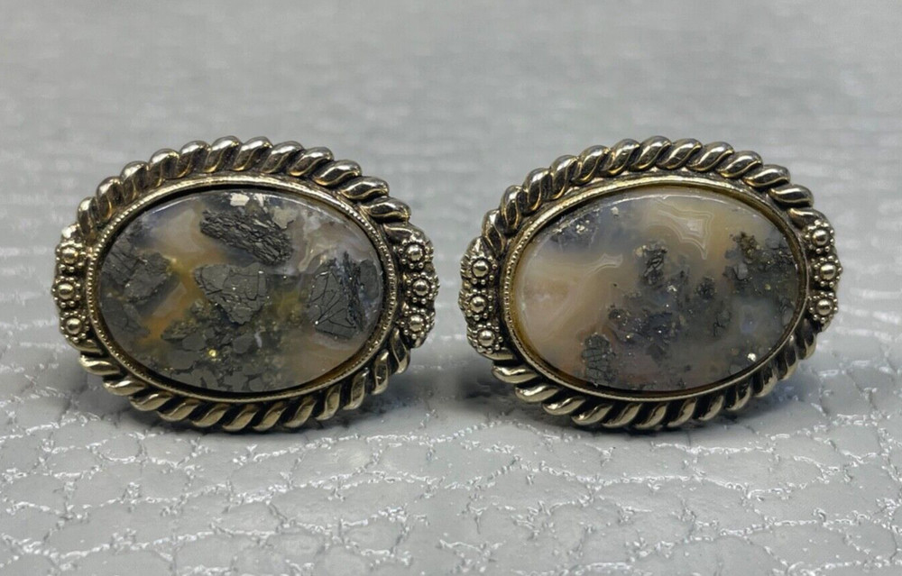 Vintage Agate Coiled Border Yellow Gold Plated Cuff Links