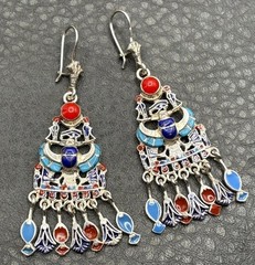 Sterling Silver Egyptian Revival Enamel Chandelier Earrings Scarab Hieroglyph