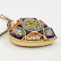 Vintage Micro Mosaic Heart Pendant Necklace Gold Tone Serpentine Chain 24″