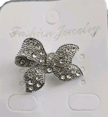 Vtg 2 Clear Rhinestone Silver Tone Zinc Metal Ribbon Shape Design Brooch Pins