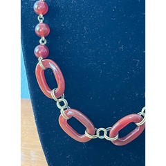 VTG Carnelian Bead Chain Statement Necklace Brass Tone Chain 925 Clasp