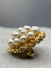 Estate Vintage Brooch Gold-Tone Faux Pearls & Textured Twist Button Trendy Style