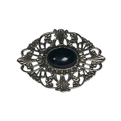 Vintage 1950s Mid-Century Silver Plated Filigree Brooch Pin with Black Cabochon