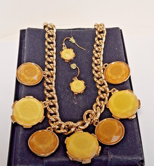 Vintage Yellow Stones & Gold-Toned Chunky Chain Statement Necklace & Earring Set