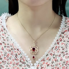 Victorian Emerald Cut Ruby & CZ Filigree Pendant Necklace Drop Floral Statement