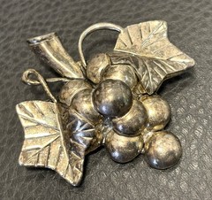 Signed MJ Silver Plated Grape Cluster Fruit Pendant VTG Brooch Modernist Jewelry