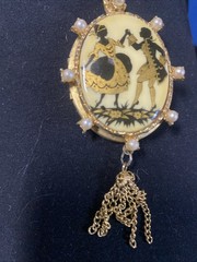 Vintage 50s Goldtone Locket Painted Courting Couple Silhouette Victorian Revival