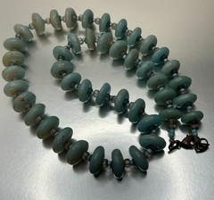 Vintage Blue Slag Custard Glass Rondelle Bead Necklace Uranium Glows Green 17″