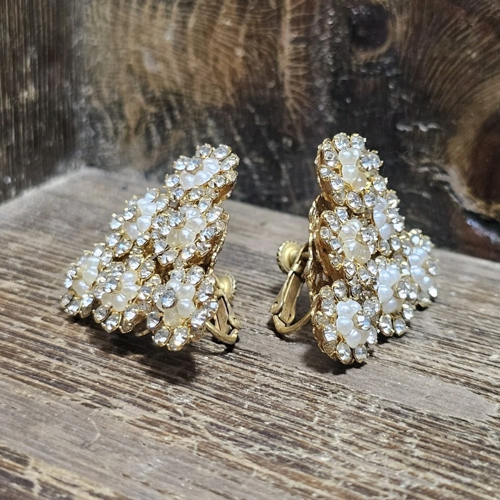 HASKELL Signed Gold Tone Faux Pearl Rhinestone Cluster Clip-On Lobe Earrings