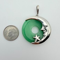 Vintage Crescent Man in the Moon Sterling Silver And Jade Jadiete Pendant NOS