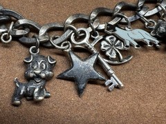 Vintage Sterling Silver Dogs, Horse, Good Luck, Crystal Toggle Charm Bracelet