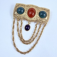 Vintage Faux Carnelian Jade Lucite Cabochons Gold Tone Brooch Costume Jewelry