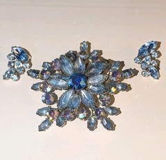 Vintage Ice-Blue Rhinestone Snowflake Brooch & Clip Earrings Set, AB, 1960s