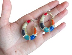 Chunky Multi Color Enamel Hoop Earrings Rhinestone Crystal Gold Tone