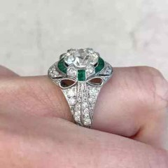 Art Deco Style Round Lab Created Diamond Emerald 14K White Gold FN Wedding Ring