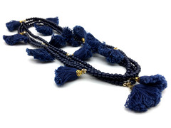 India Handmade Navy Glass Bead Cotton Thread Tassle GoldTone Spacer 80″ Necklace