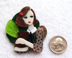 Vintage Fashion Lady with Pet Rabbit Layered Acrylic Pin or Brooch – NWOT