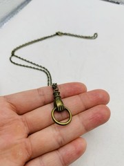 Vintage Victorian Style Hand Clasping Ring Door Knocker Bronze Tone 18” Necklace