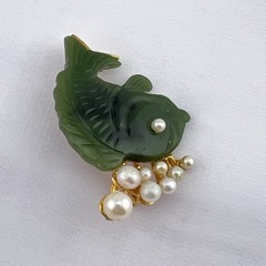 Vintage Swoboda Brooch Pin Jade Carved Fish Faux Pearl Bubble Gold Tone Estate