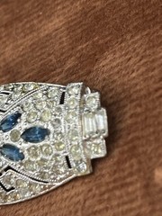 Art Deco Blue Uranium Glow Clear Paste Brooch w/ Baguette & Pavé Rhinestones 2”