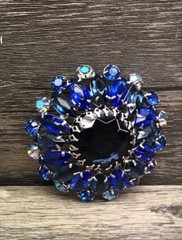 Vintage Blue Crystal Cluster Silver Tone Round Dome AB 2.25” Mid Century Brooch