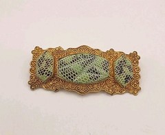 Vintage Signed Czechoslovkia Green/Black/White Snake Skin Pressed Glass Brooch