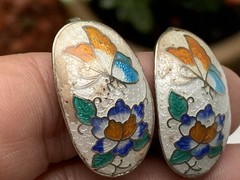Vintage Cloisonne Enamel Butterfly Clip Earrings Oval Silver Tone Repaired
