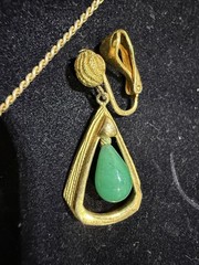 Vintage Gold Tone Faux Jade Dangle Tear Drop Necklace and Clip-On Earring Set