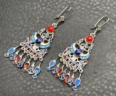 Sterling Silver Egyptian Revival Enamel Chandelier Earrings Scarab Hieroglyph