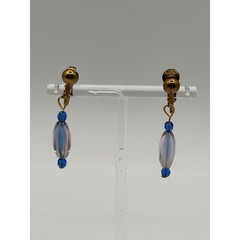 Vintage Gold Tone Blue Clear Beaded Dangle Drop Clip On Earrings