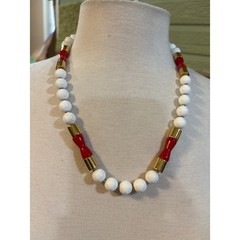 Vintage White Red Gold Beaded Strand Necklace Retro Mod 22 Inch