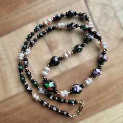 Vintage Chinese Cloisonne Necklace 26 Inch Floral Beads Baroque Pearls Flowers