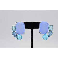 Vintage Cabochon Clip On Earrings Multi Blue Rhinestone Crystal Bezel 1980s W5