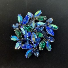Signed REGENCY Electric Blue/Green Swirl AB Rhinestone Brooch/Earring Vtg Set