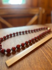 Carved Cinnabar Bead and Enameled Blue Metal Cap Vintage Beaded Necklace – 26”
