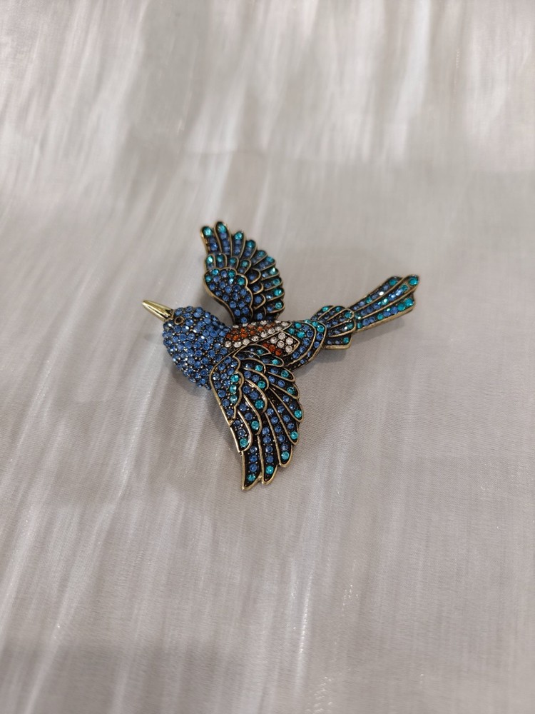 Heidi Daus Rhinestone Bird Brooch Blue Multi Tone Crystal Antique Bronze Pin
